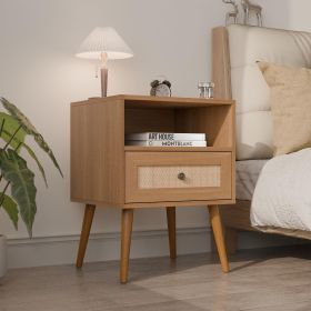 Nightstand with Natural Rattan Door Rattan Drawer;  Wooden Bedside Table End Table for Living Room and Bedroom (Type: Door)