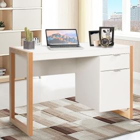 1PC Modern Computer Desk Writing Workstation with Cabinet and Drawer (Color: White)