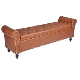 VEVOR Button-Tufted Storage Ottoman Bench, Rolled Arm PU Leather Bench with Solid Wood Legs, Modern Shoe Benches Seat for Entryway (Default: Default)