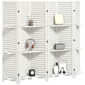 6 Panel 67" Tall Wood Privacy Screen Room Divider with 3 Shelves and Folding Storage for Bedroom, White (Title: Default Title)