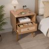 Nightstand with Natural Rattan Door Rattan Drawer;  Wooden Bedside Table End Table for Living Room and Bedroom